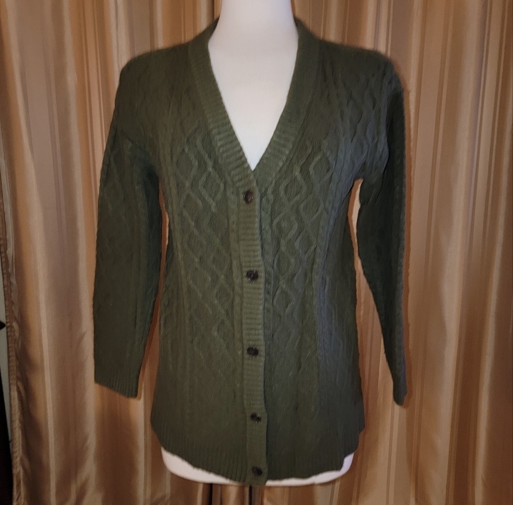 Talbots Cable Knit Cardigan Sweater Olive Green Size Medium Petite